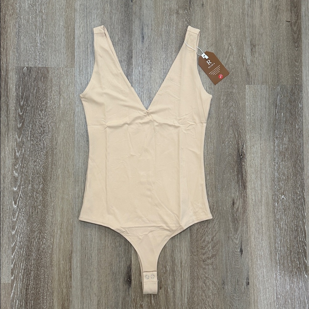 Beige V-Neck Bodysuit - sexy plunge deep v neck sleeveless double lined